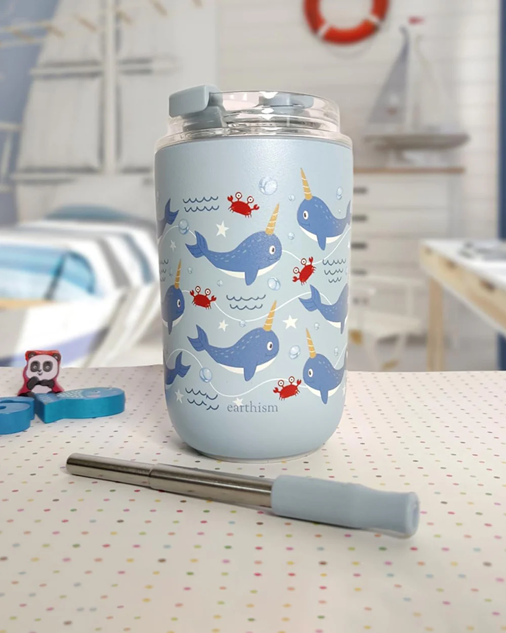 Earthism Double Wall Insulated Stainless Steel Tumbler-Narwal-With Lid & Straw-For Infants - Image 2