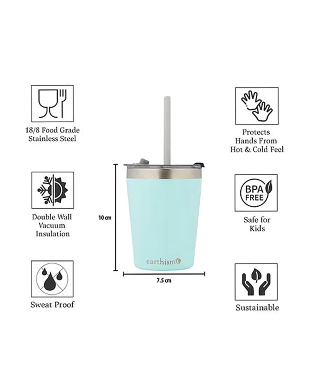 Earthism Double Wall Insulated Stainless Steel Tumbler-Soft Green-With Lid & Straw-For Infants - Image 4