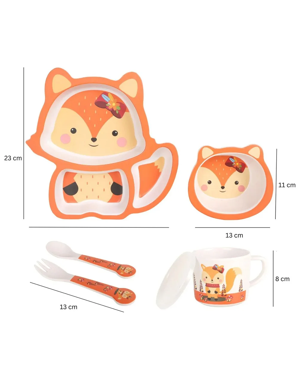 Earthism Eco-Friendly Bamboo Fiber Meal Set-Biodegradable & Toxin Free-Smart Fox-Set of 5-For Feeding Infants - Image 3
