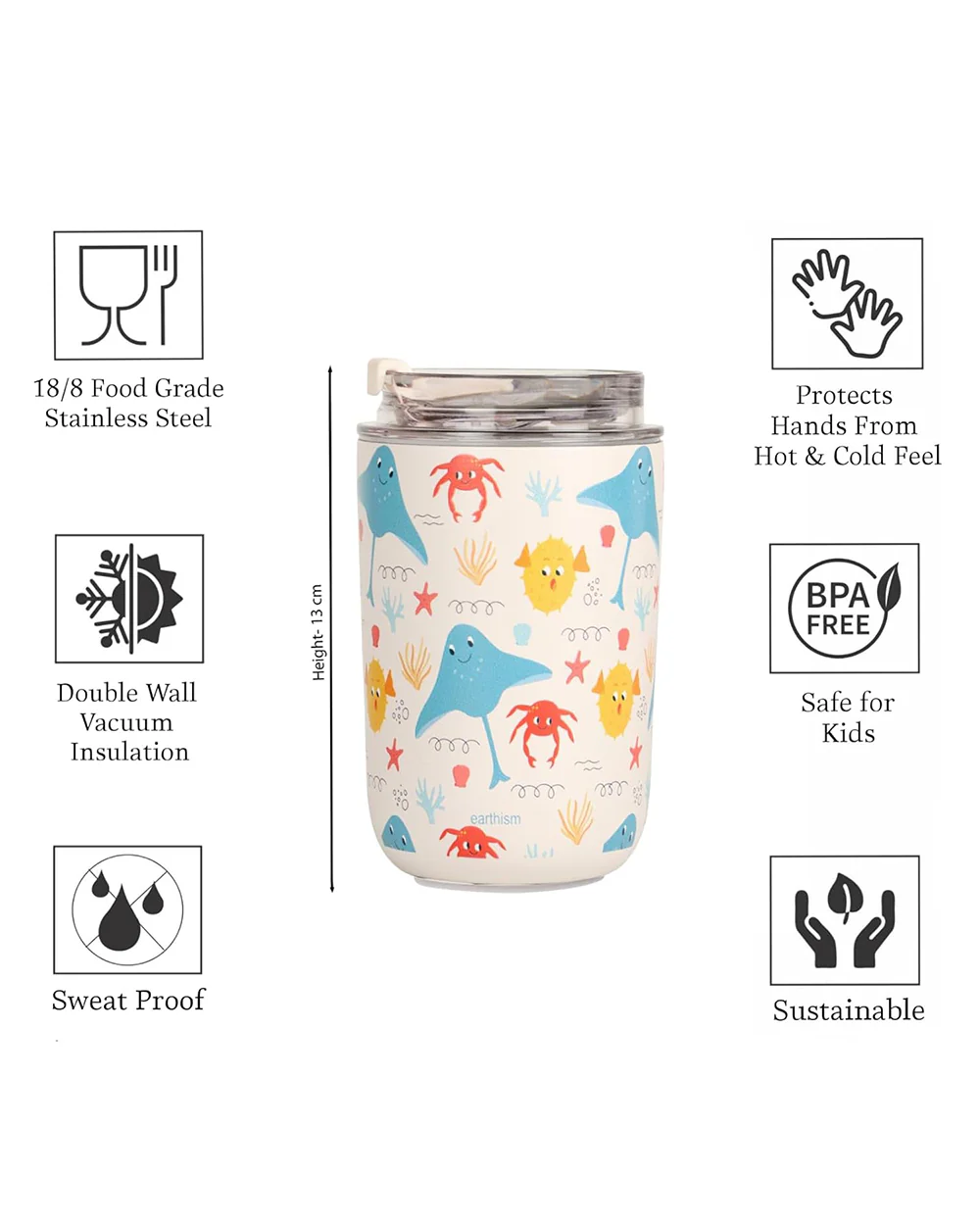 Earthism Stainless Steel Straw Tumbler-Double Walled Vacuum Insulated-Includes Retractable Straw & Leakproof Lid-Stingray-300 ml-For Infants - Image 2