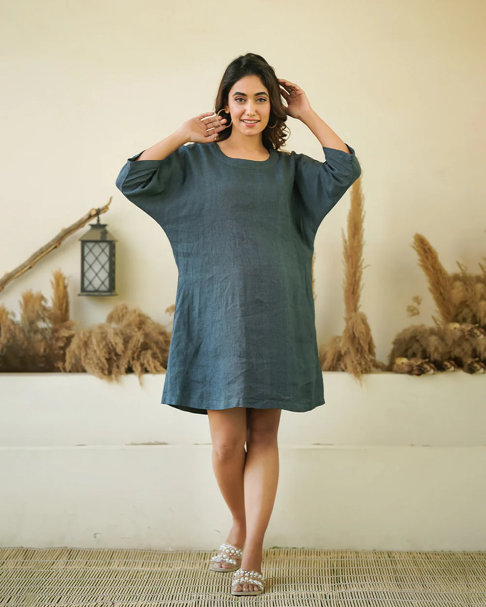 Ellementree Dark Grey Maternity Dress-Solid-Premium European Linen-Round Neck-Batwing Sleeves-Bump friendly - Image 2