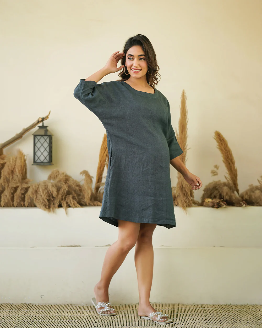 Ellementree Dark Grey Maternity Dress-Solid-Premium European Linen-Round Neck-Batwing Sleeves-Bump friendly - Image 4