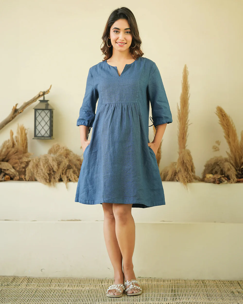 Ellementree Indigo Maternity Dress-Solid-Premium European Linen-Split Neck-Bump Friendly-Balloon Sleeves - Image 5