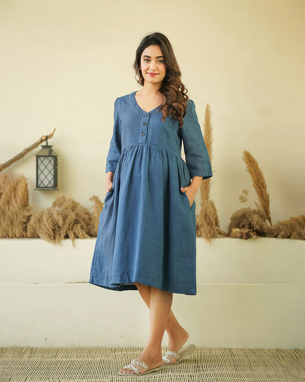 Ellementree Indigo Maternity Nursing Dress-Solid-Premium European Linen-V Neck-Long Sleeves-Bump Friendly - Image 4