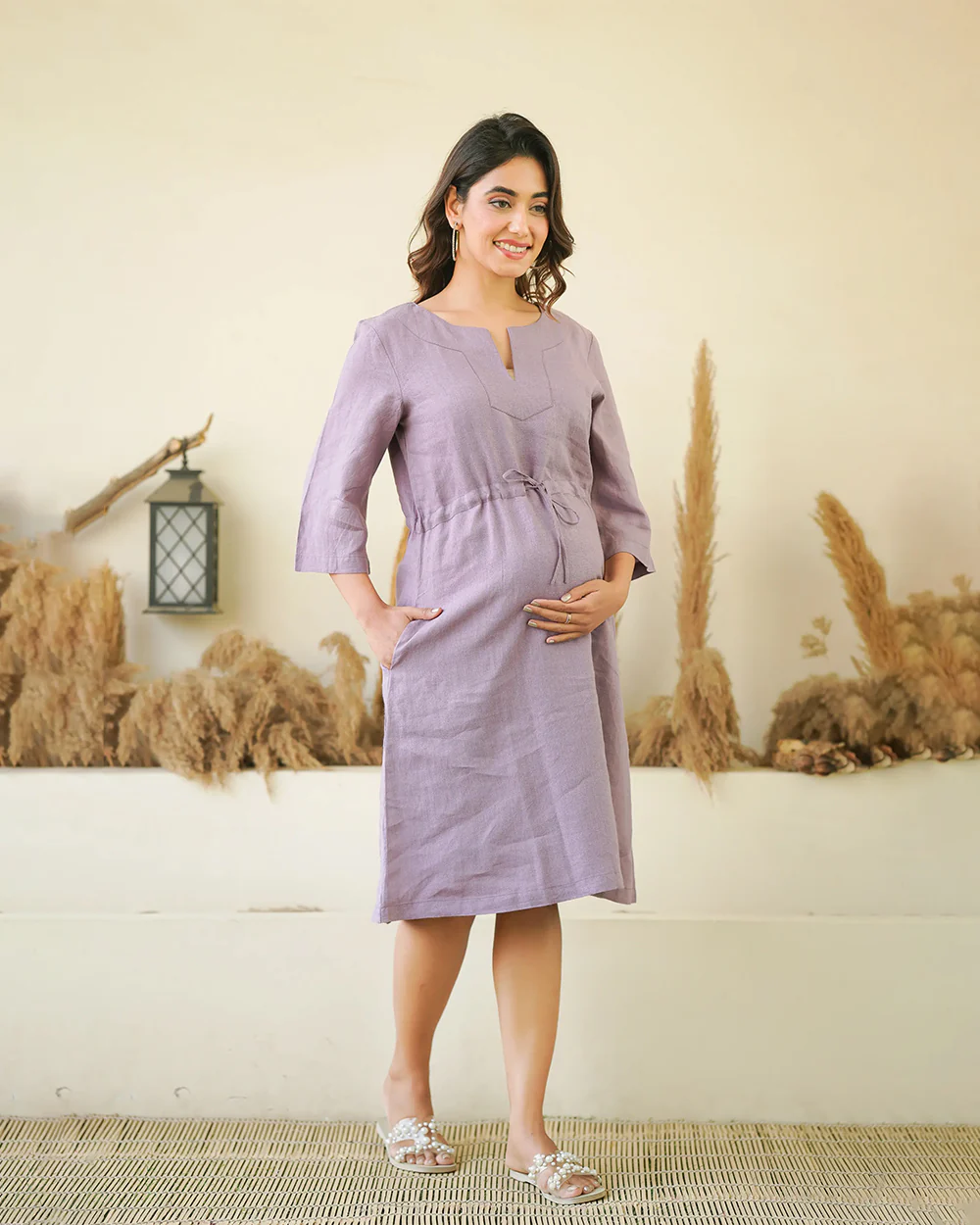 Ellementree Lilac Maternity Kaftan Dress-Solid-Premium European Linen-Split Neck-Bump Friendly - Image 5