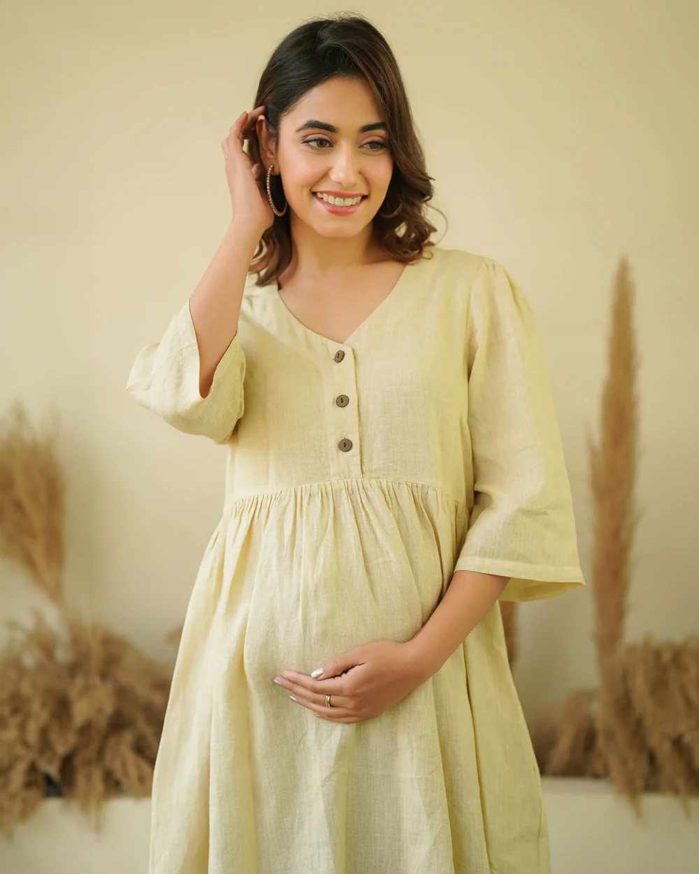 Ellementree Pistachio Maternity Nursing Dress-Solid-Premium European Linen-V Neck-Long Sleeves-Bump Friendly - Image 7