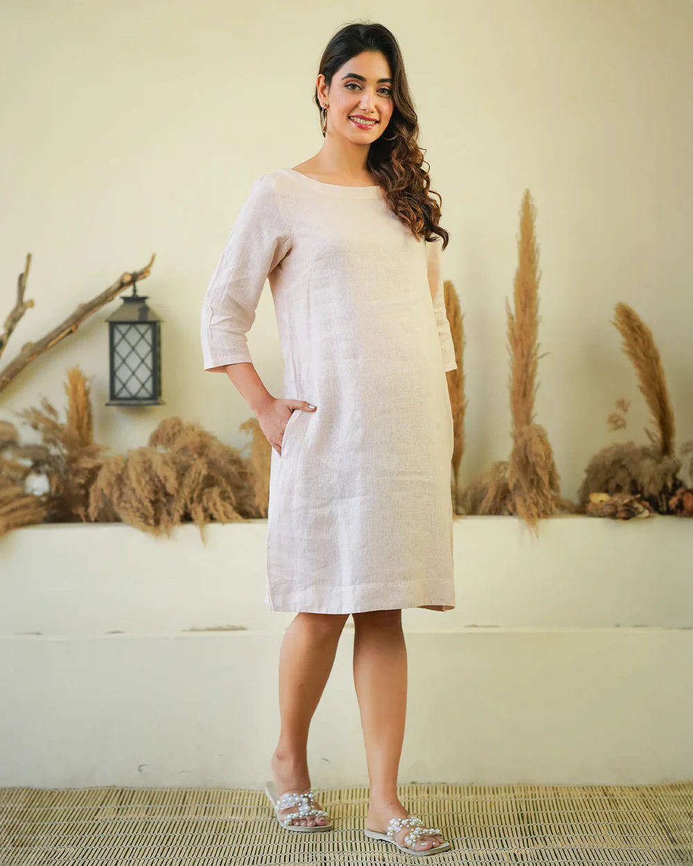 Ellementree Salmon Maternity Dress-Solid-Premium European Linen-Boat Neck-Bump Friendly - Image 4