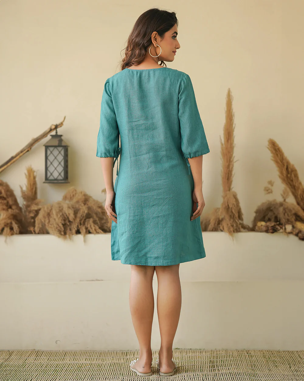 Ellementree Teal Maternity Dress-Solid-Premium European Linen- Split Neck-Bump Friendly-Balloon Sleeves - Image 3