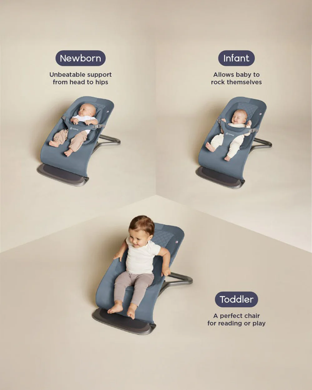 Ergobaby 3 in 1 Evolve Baby Bouncer-Folds Flat For Easy Transport & Storage-Head To Hip Support-Helps Prevent Flat Head Syndrome-For 0 to 2Y (2 to 13Kg)-Oxford Blue - Image 2