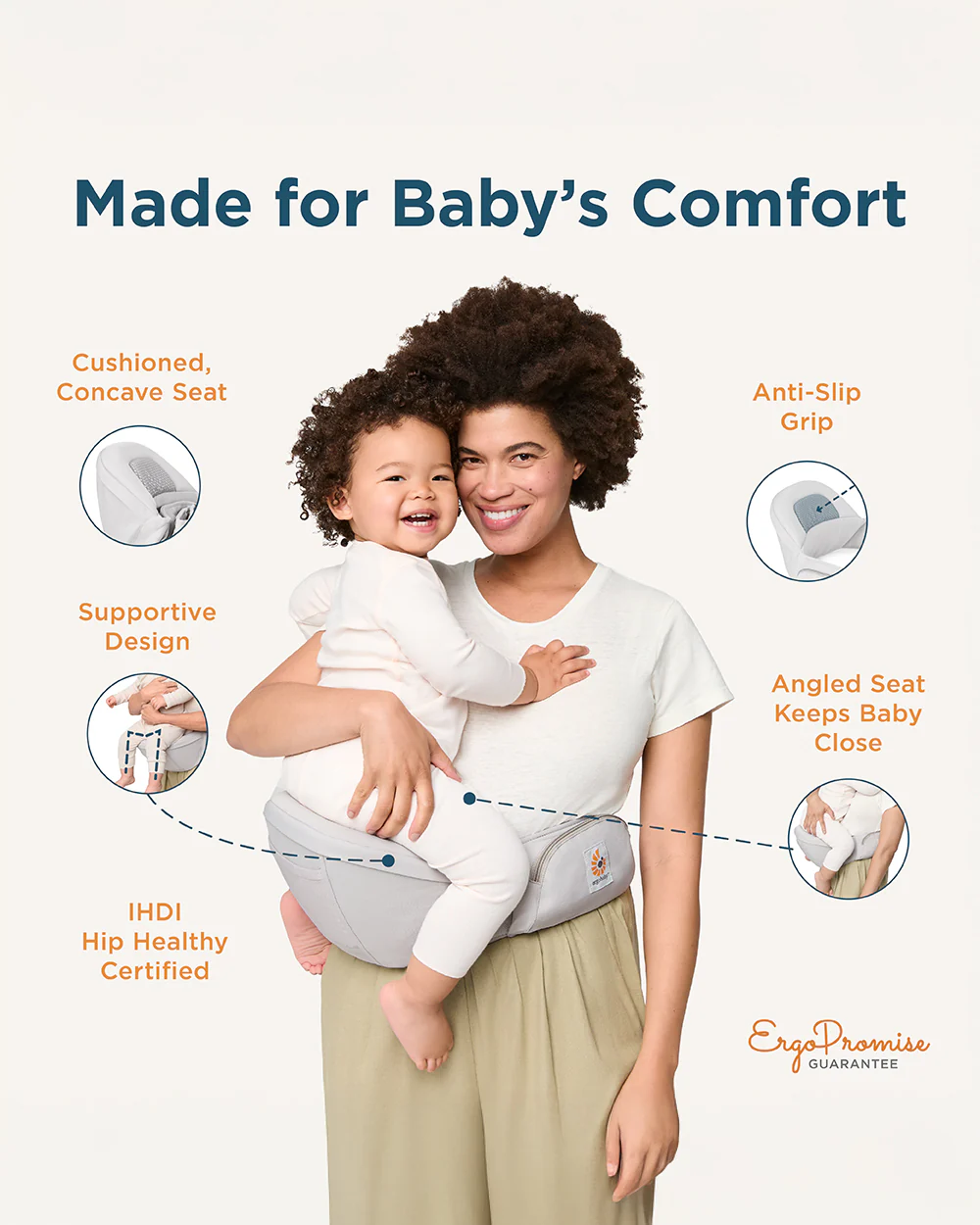 Ergobaby Lift Hip Seat Baby Carrier-With 4 Carrying Positions-Hip Healthy Certified-2 Storage Pockets-Anti Slip Grip & Angled Base-Padded Waistband to Ease Back Pain-For 6M+ to 4Y (Upto 20 Kg)-Natural Beige - Image 9