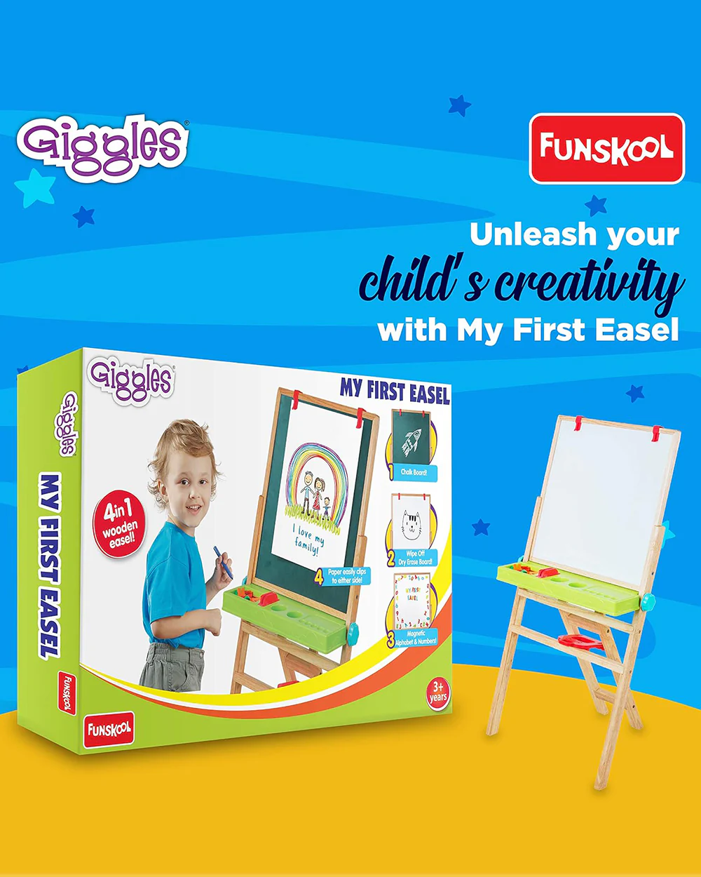 Funskool Giggles My First 4 In 1 Magnetic Wooden Easel Board-Chalkboard & Whiteboard-Art & Craft Kit-18M+ - Image 5