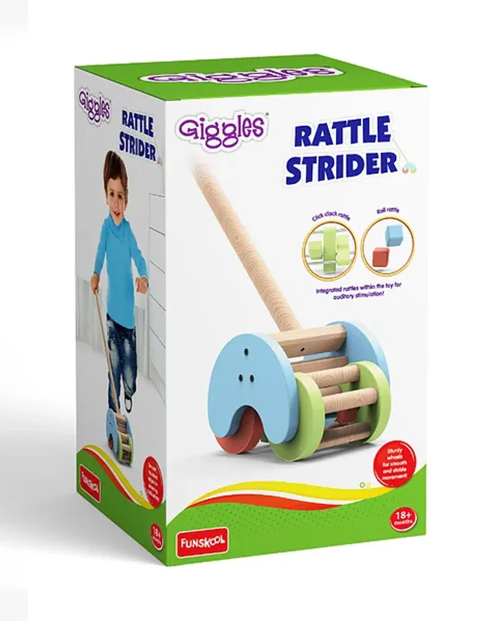 Funskool Giggles Rattle Strider-Sturdy Handles & Smooth Edges-Produce Enchanting Sounds-Wooden Push and Pull Toy-9M+ - Image 4
