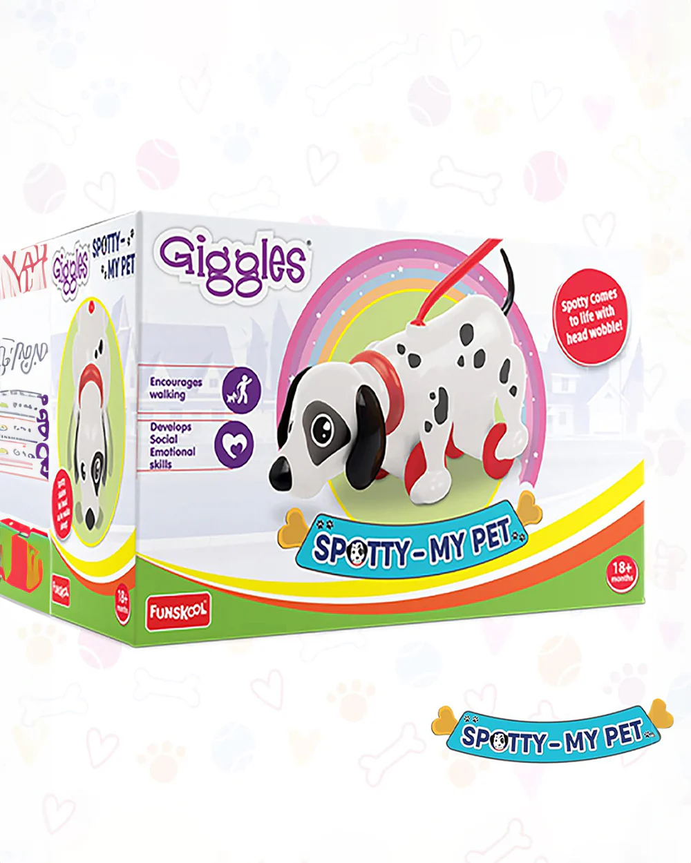 Funskool Giggles Spotty My Pet White-Encourages Walking-Non Toxic-Rotatable Tail -Push & Pull Toy-9M+