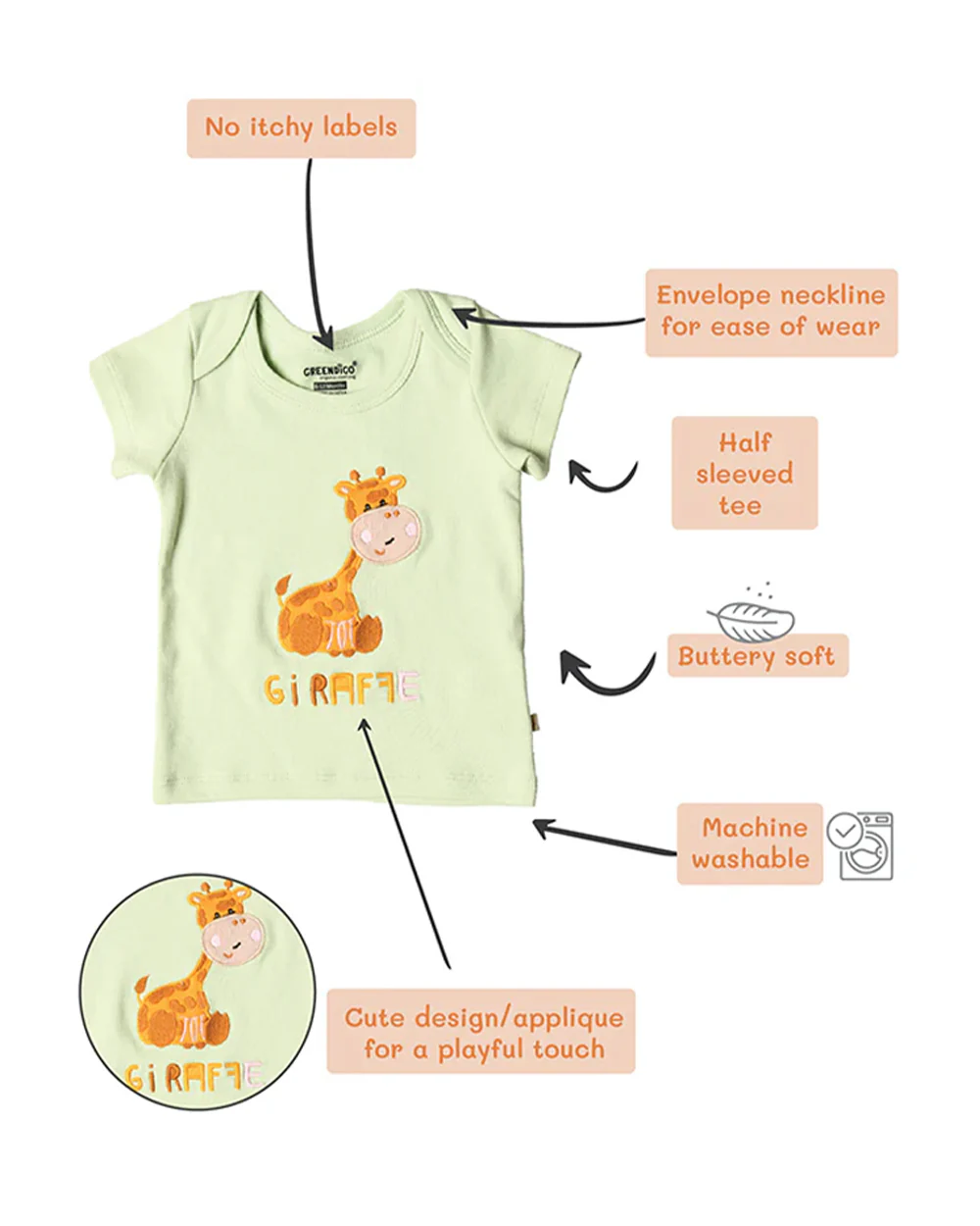 Greendigo Pastel Green T-shirts-Giffy Giraffe-100% GOTS Certified Organic Cotton-For Infants - Image 5