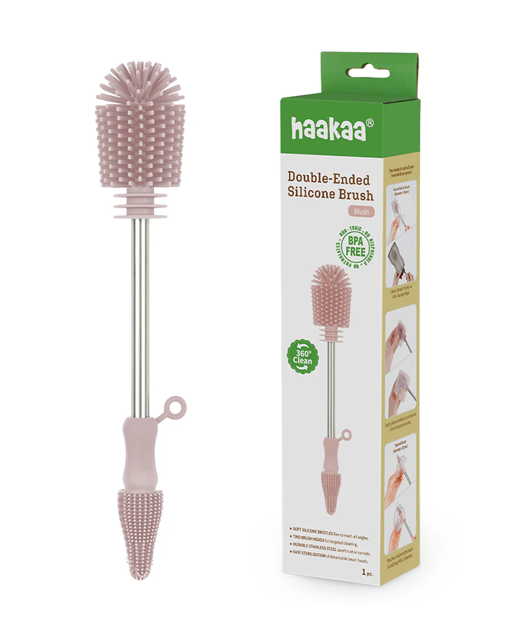 Haakaa Double Ended Silicone Bottle & Nipple Cleaning Brush-Easy-grip & Non-slip Handles-BPA & PVC Free-Blush - Image 2