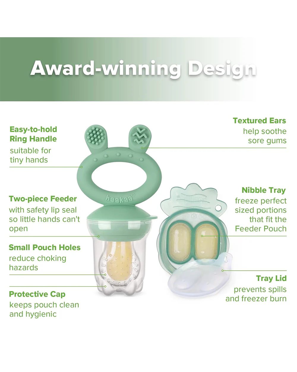 Haakaa Freeze-N-Feed Mini Combo-Food Feeder & Tray-Non-toxic Silicone Pouch with Small Holes-Pea Green Feeder & Pea Green Tray-4M+ - Image 4