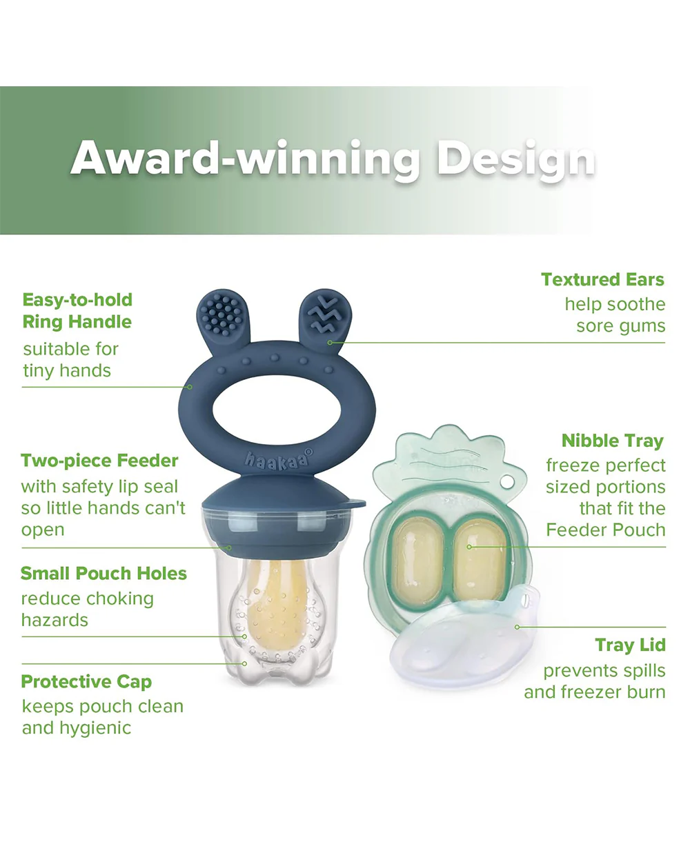 Haakaa Freeze-N-Feed Mini Combo-Food Feeder & Tray-Non-toxic Silicone Pouch with Small Holes-Steel Blue Feeder & Pea Green Tray-4M+ - Image 4