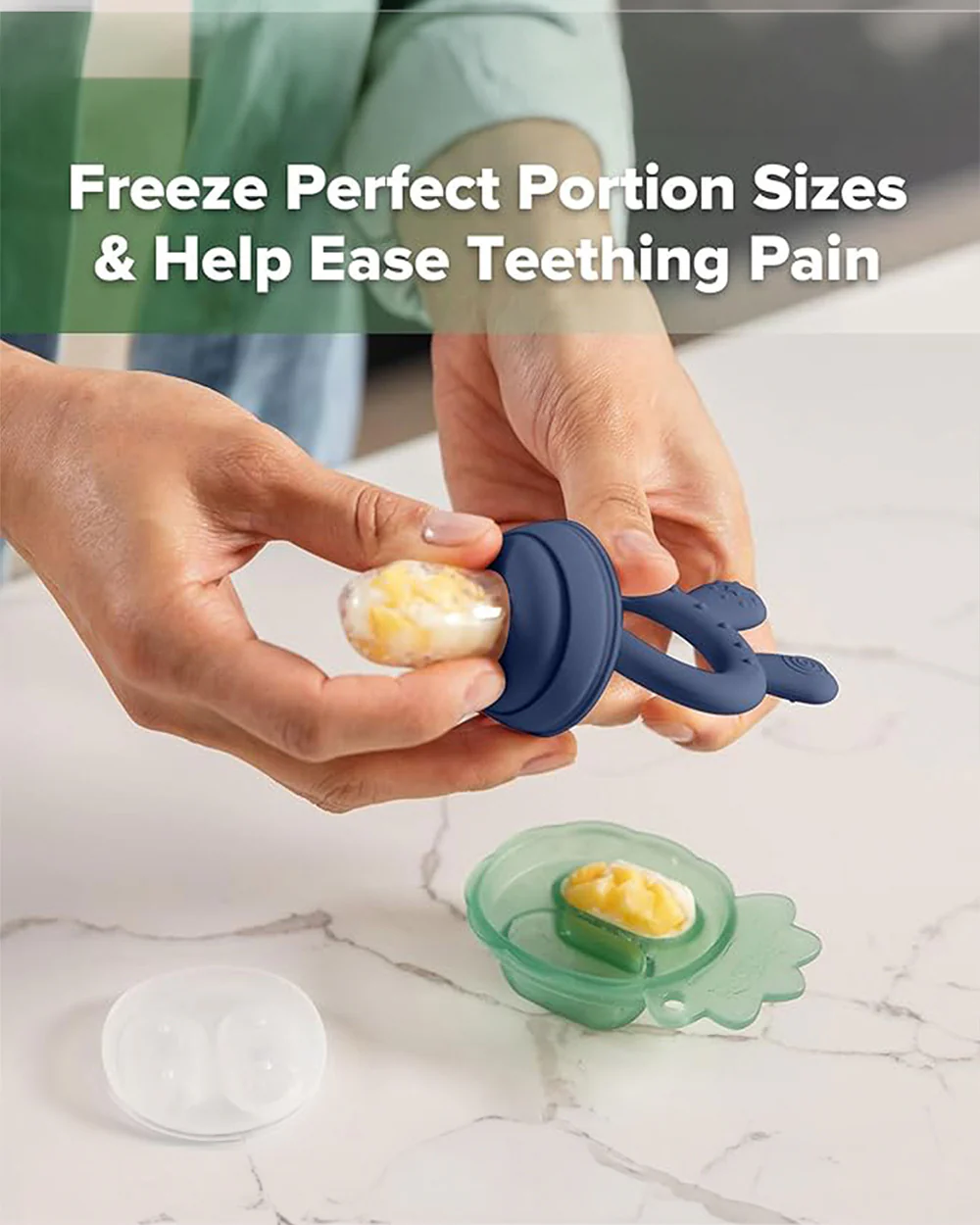 Haakaa Freeze-N-Feed Mini Combo-Food Feeder & Tray-Non-toxic Silicone Pouch with Small Holes-Steel Blue Feeder & Pea Green Tray-4M+ - Image 6
