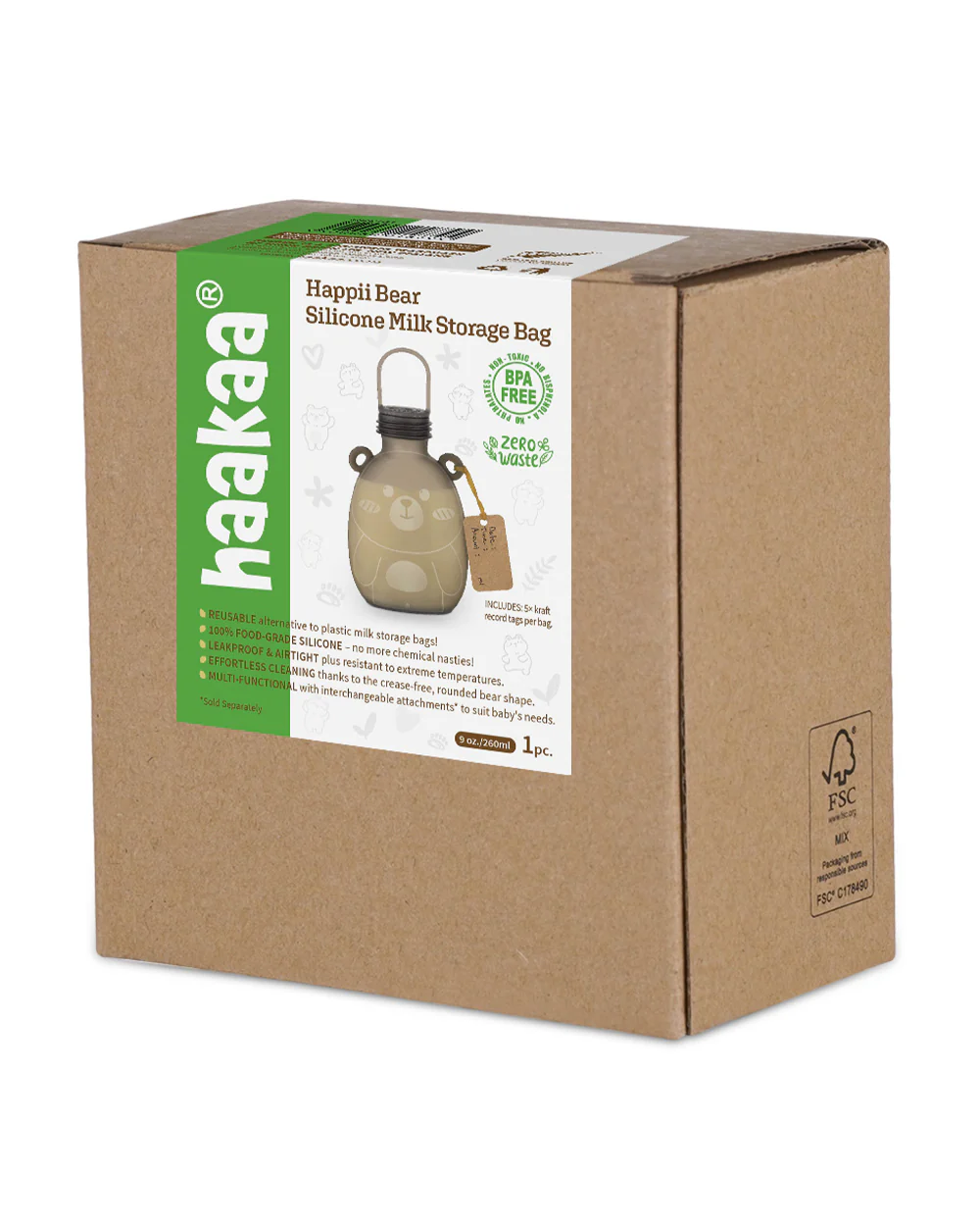Haakaa Happii Bear Silicone Breast Milk Storage Bag-Reusable & Leakproof-Freezer & Microwave Safe-Grey-260ml - Image 4