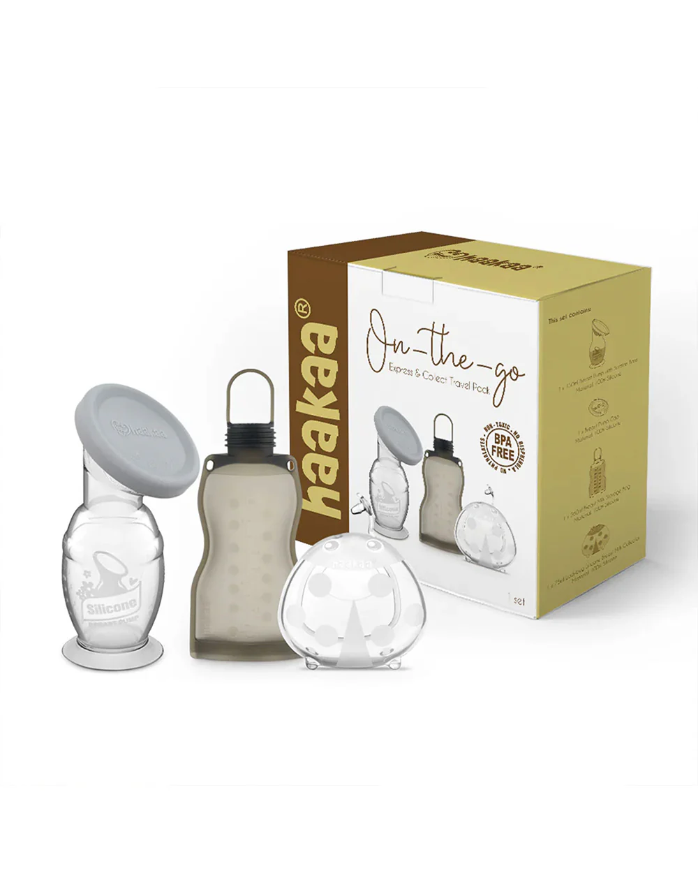 Haakaa On-The-Go Express & Collect Travel Pack-Silicone Breast Pump & Feeding Set-Dishwasher & Freezer Safe-Pack of 4