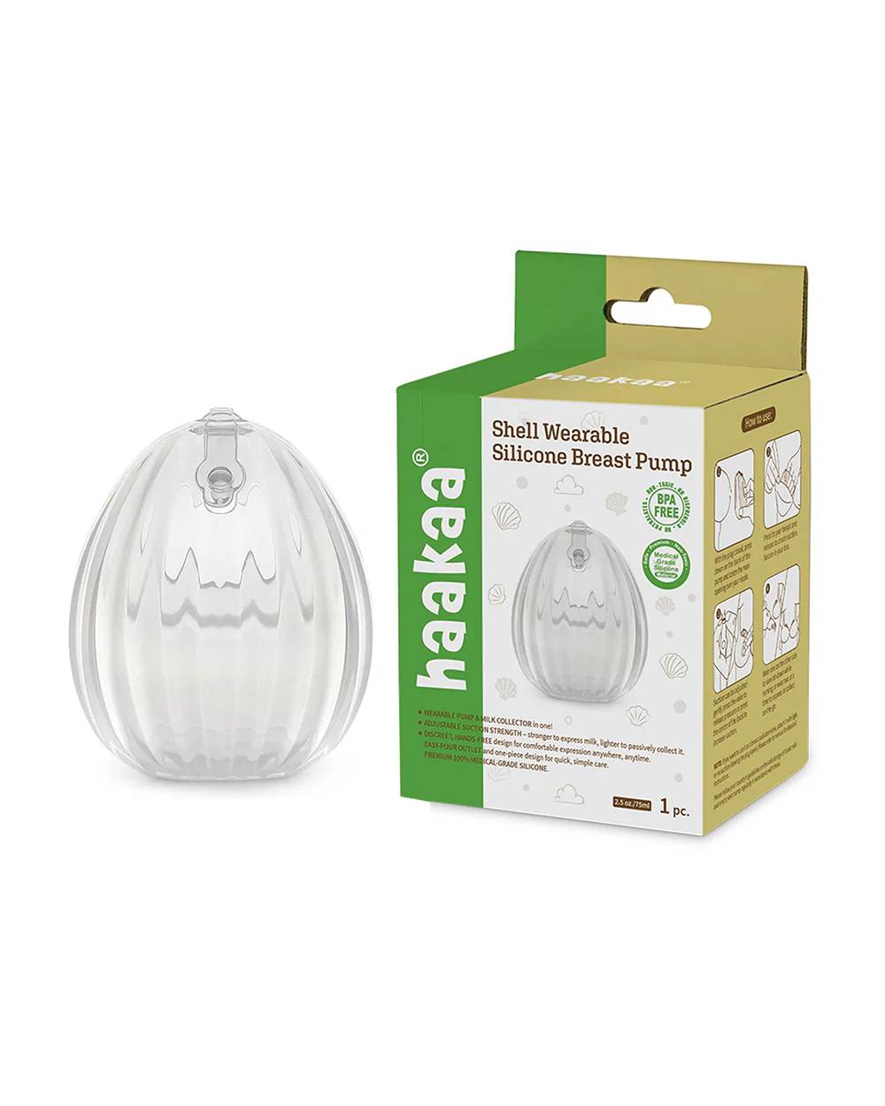 Haakaa Shell Wearable Silicone Breast Pump-100% Medical Grade Silicone-Discreet & Hands-Free Design for Comfortable Expression-BPA & PVC Free-75ml