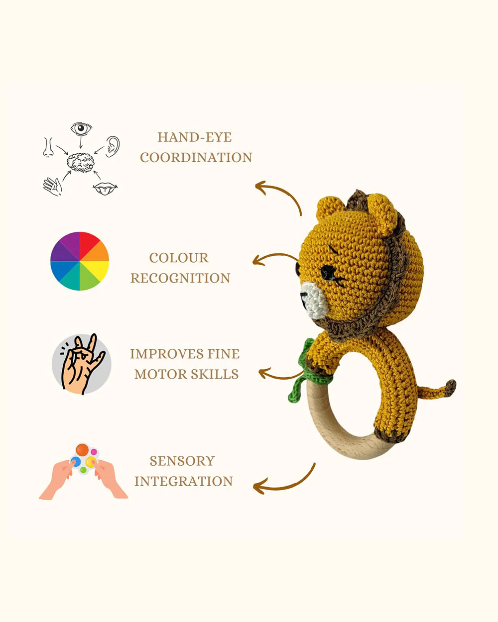 Happy Threads Lion With Leaf Crochet Rattle Toy-Teething Relief & Easy to Grasp-For Infants - Image 4