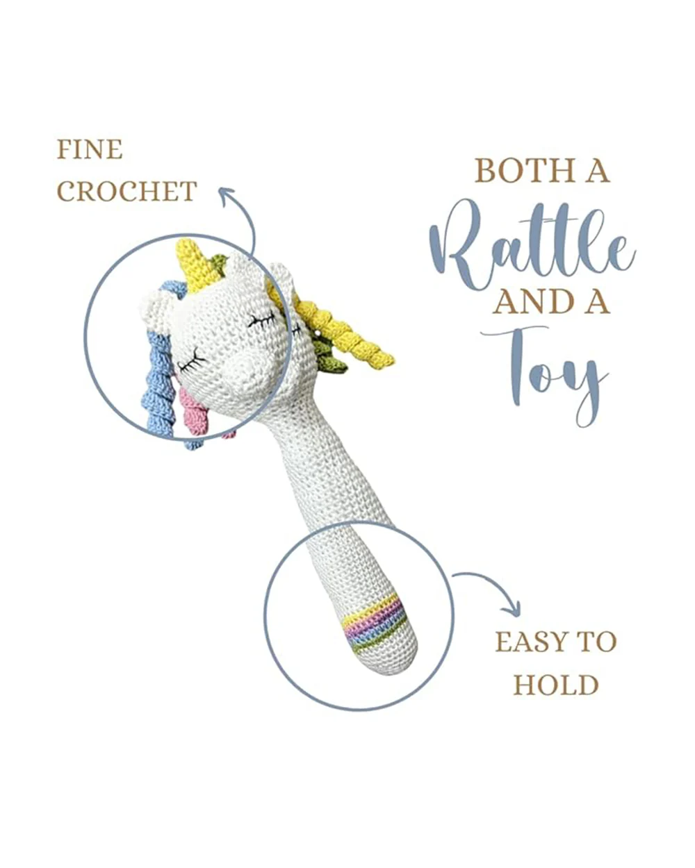 Happy Threads Unicorn Stick Rattle Crochet Rattle Toy-Teething Relief & Easy to Grasp-For Infants - Image 4
