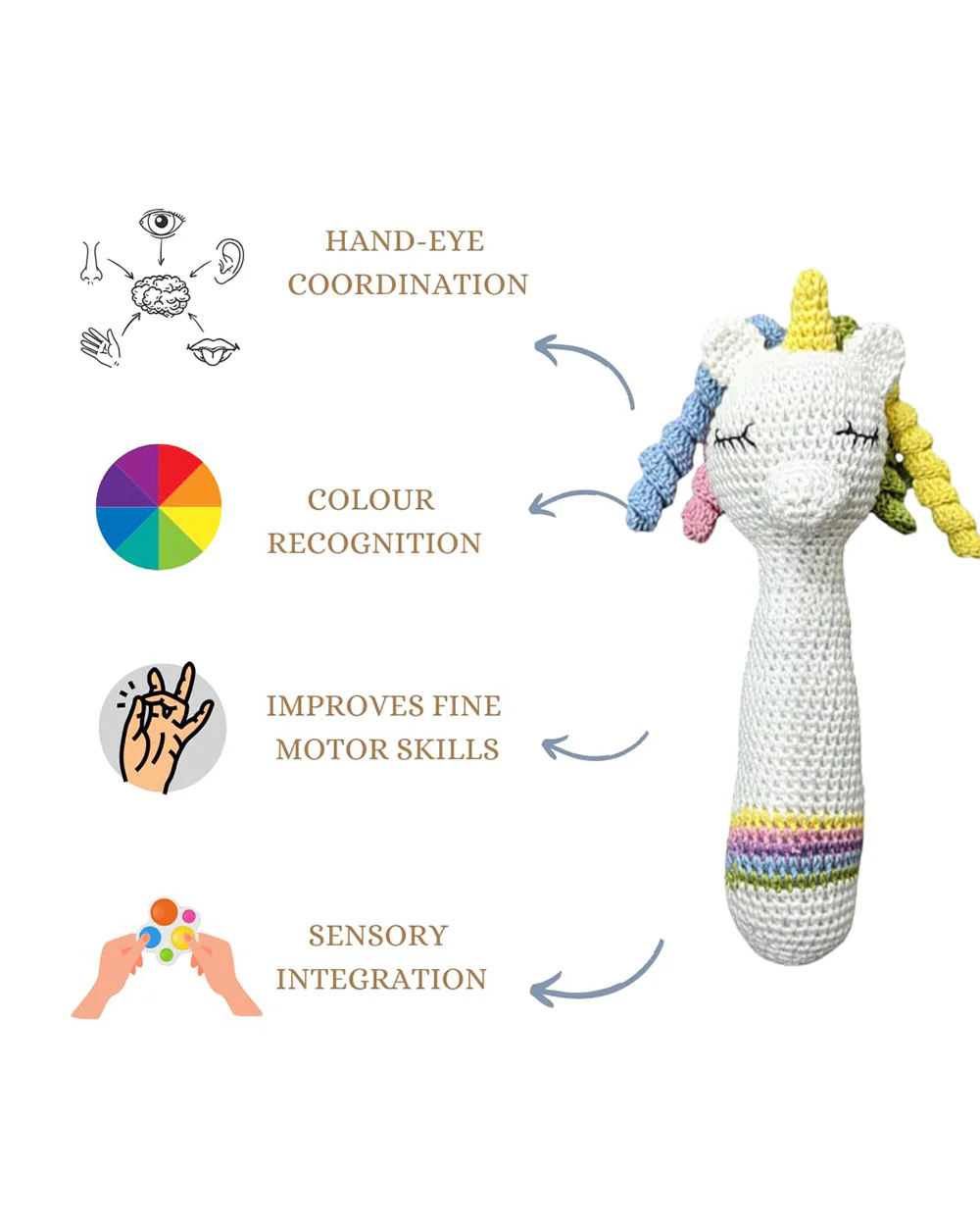 Happy Threads Unicorn Stick Rattle Crochet Rattle Toy-Teething Relief & Easy to Grasp-For Infants - Image 5