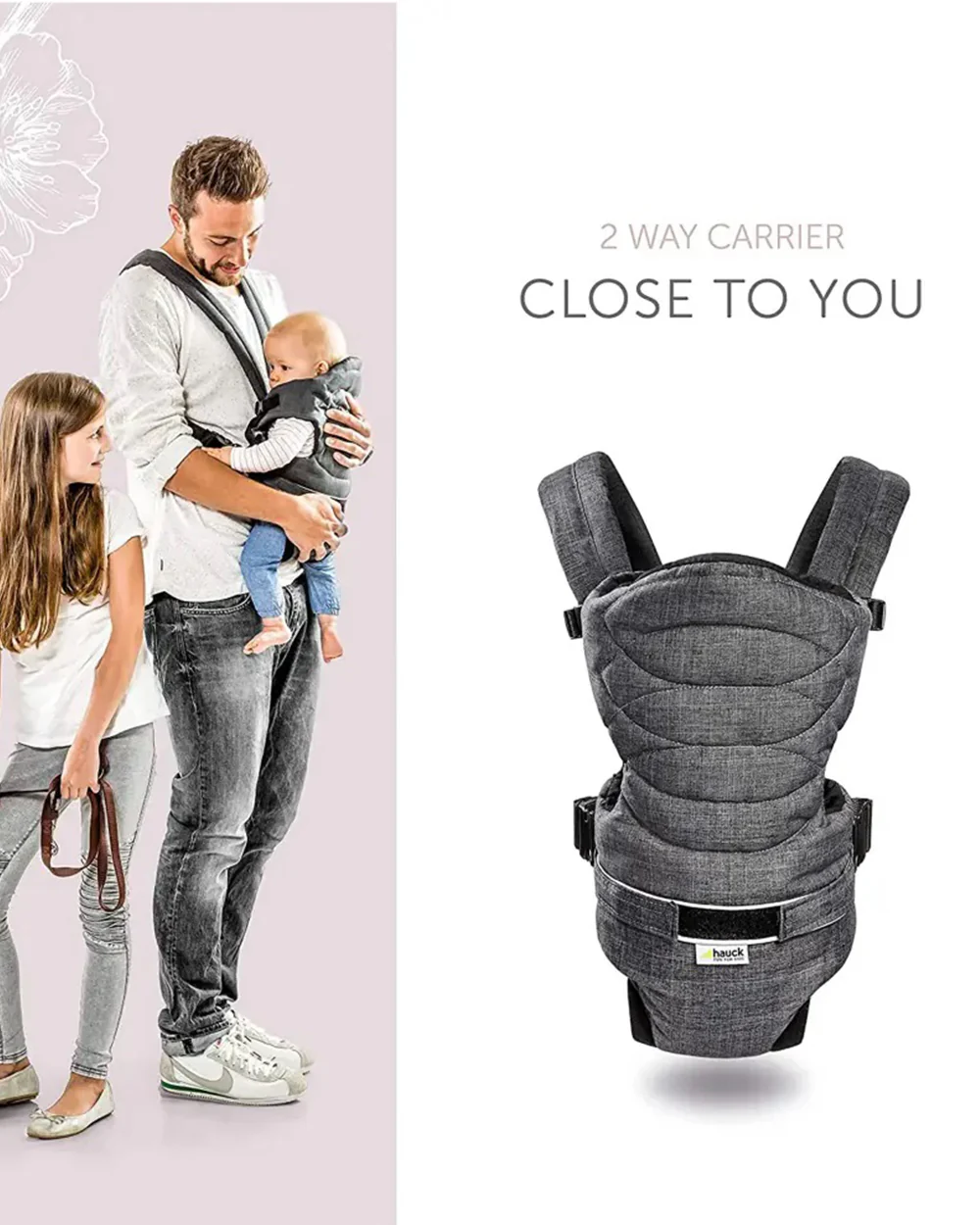 Hauck 2 Way Baby Carrier-4 Carry Positions-Ergonomic Design-For 0 to 9M (Upto 12kg)-Melange Charcoal - Image 5