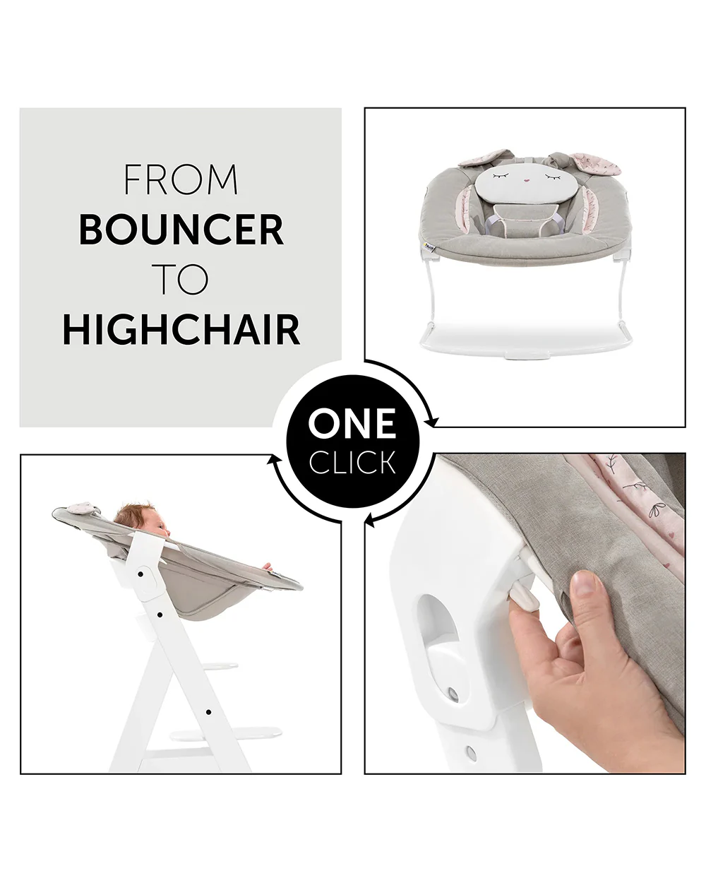 Hauck Alpha Baby Bouncer-With High Chair Module-Side Padding and Removable Cushion-For Infants-Beige Bloom - Image 4