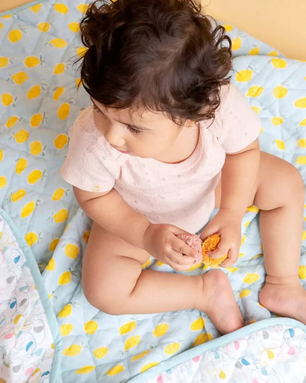 Haus & Kinder Fruit & Brute Reversible Quilt-Blue & Yellow-100% Cotton  Muslin-For Infants