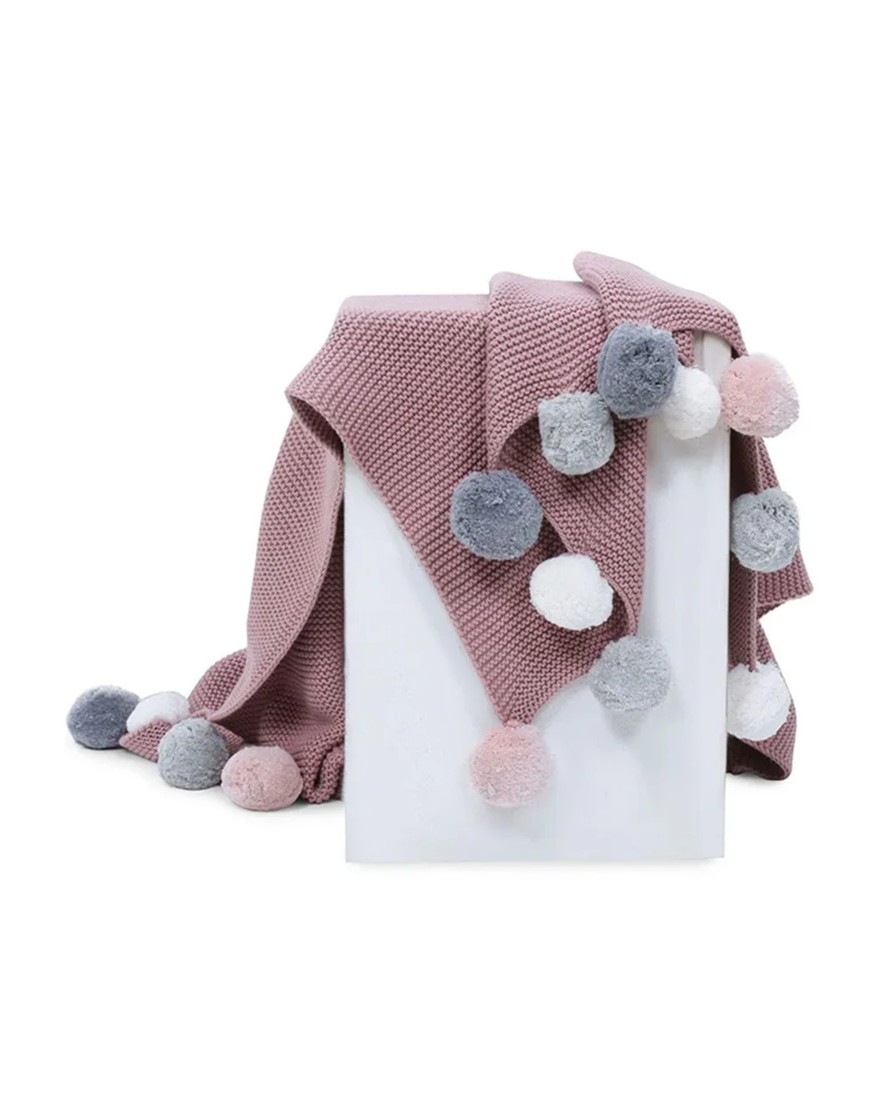 Haus & Kinder Musk Rose Multicolor Pom Pom Knitted Summer/AC Blanket-Pink-100% Pure Cotton-For Infants
