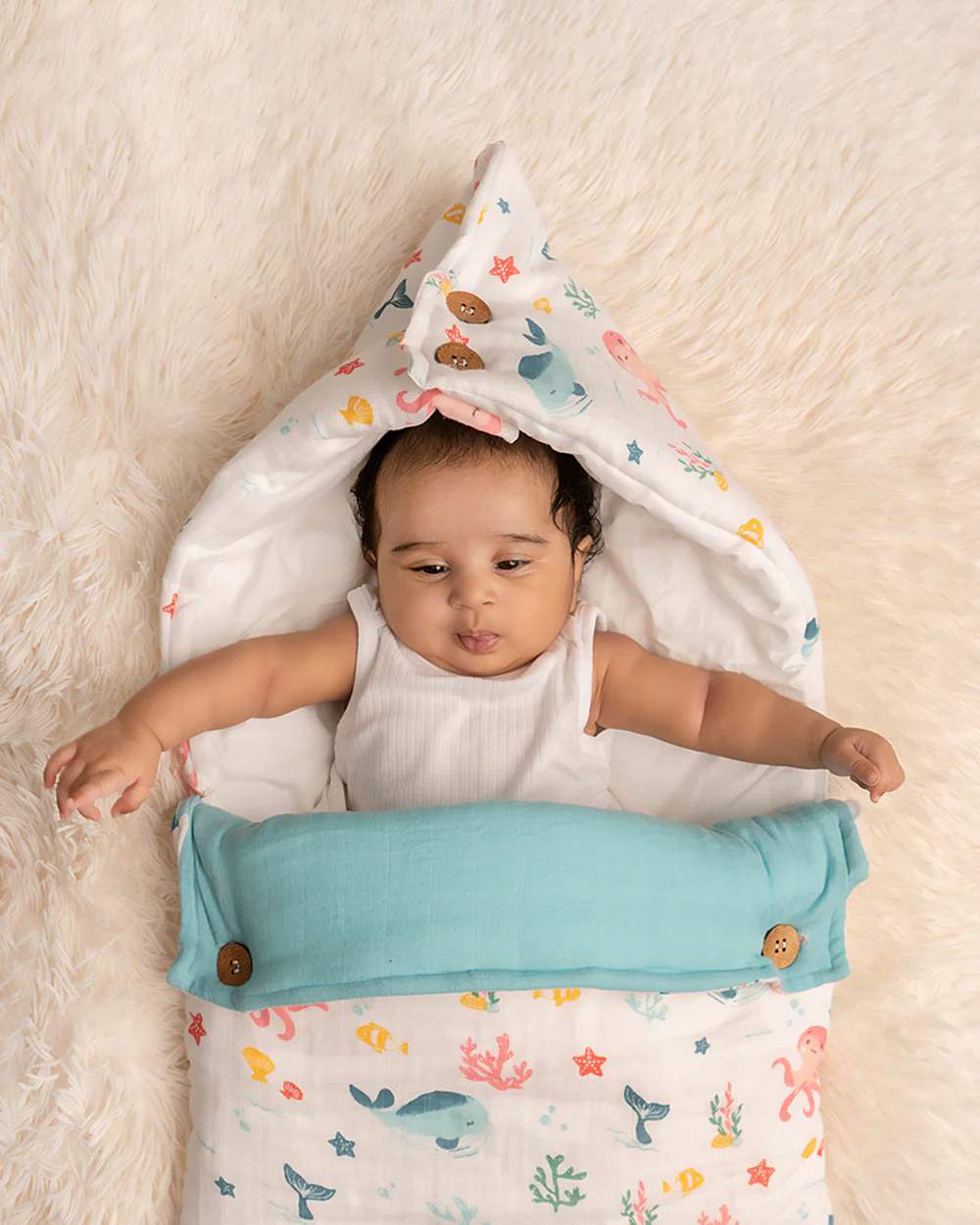 Haus & Kinder 100% Cotton Muslin-Vitamin Sea-Baby Carrier Nest Cum Sleeping Bag-Newborn Bed(0-12M) - Image 3