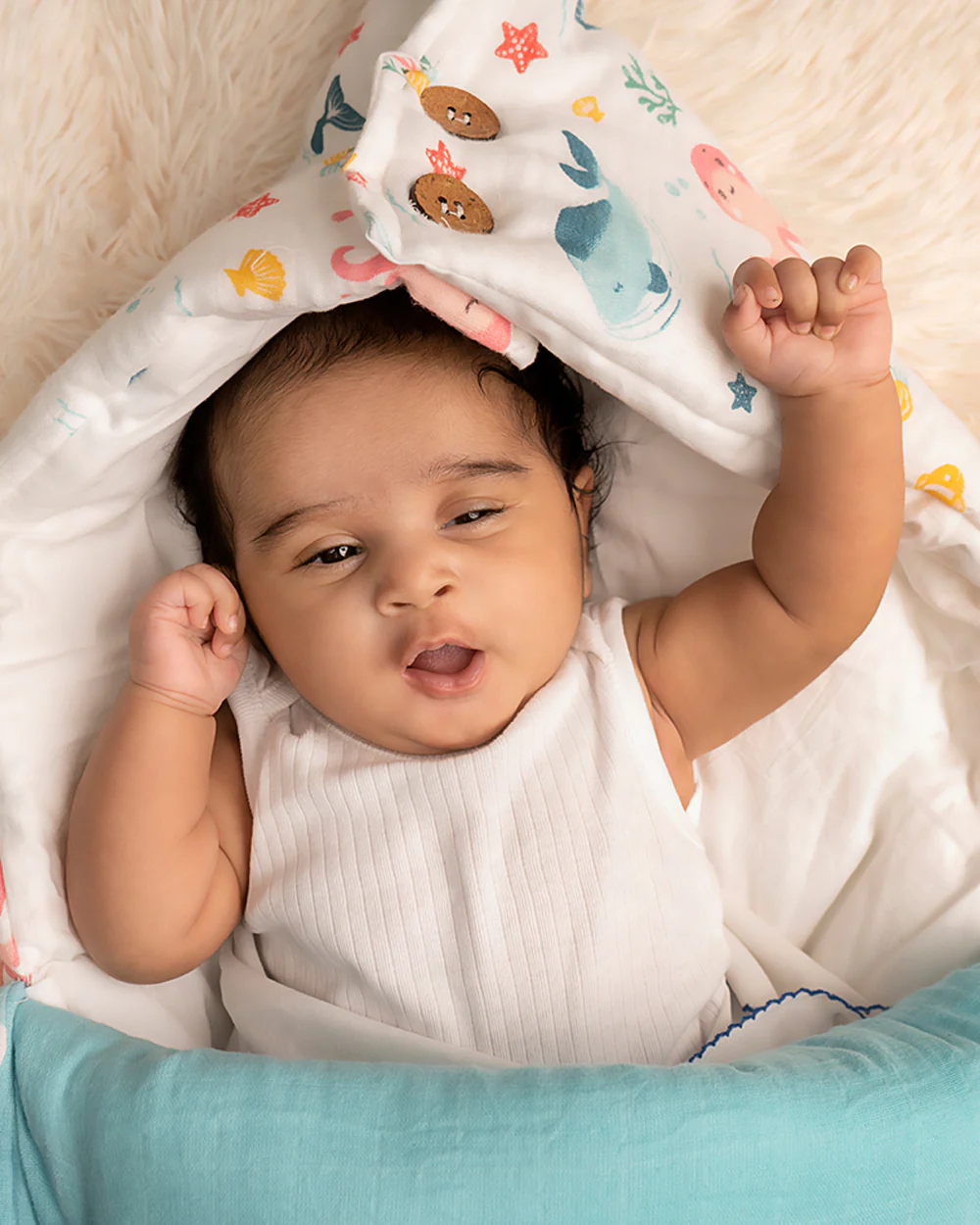 Haus & Kinder 100% Cotton Muslin-Vitamin Sea-Baby Carrier Nest Cum Sleeping Bag-Newborn Bed(0-12M) - Image 4
