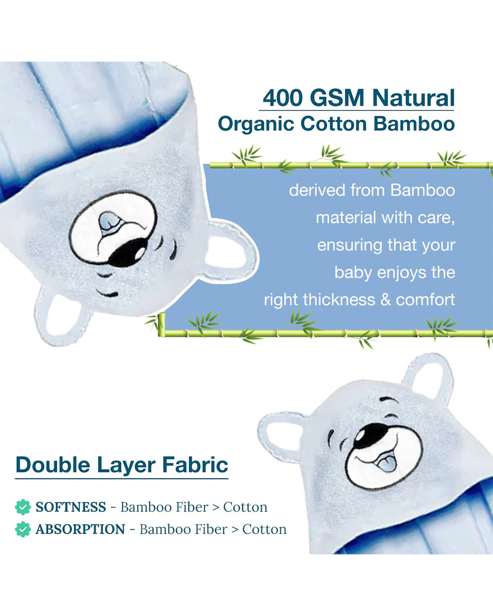 Healofy Naturals Baby Hooded Bath Towel-100% Organic Bamboo Cotton-Snowy Polar Bear - Image 3