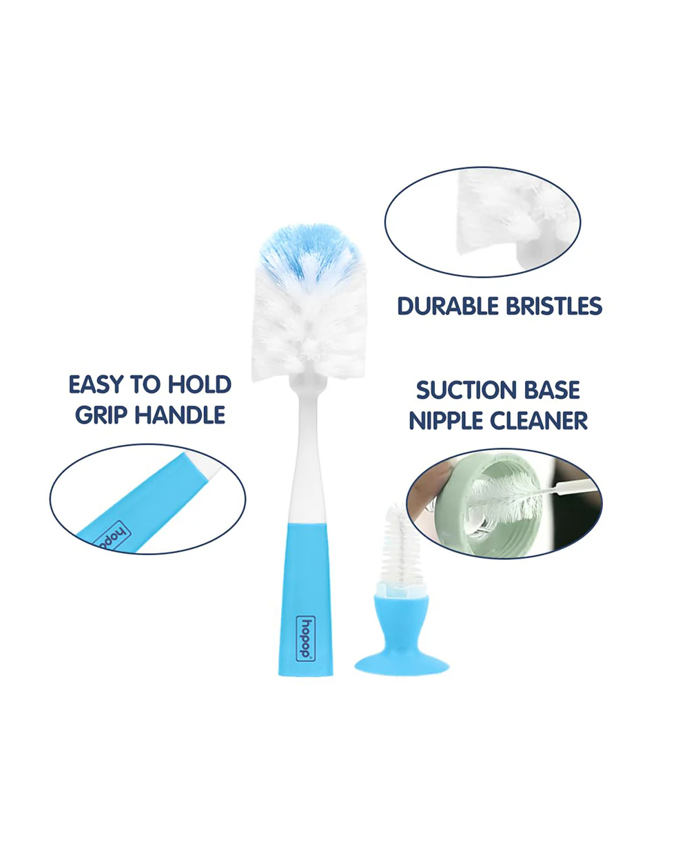 Hopop 2 in 1 Bottle & Nipple Cleaning Brush Set-Grooved Handle With Suction Base-Flexible Bristles-Comfortable Grip-Blue - Image 4