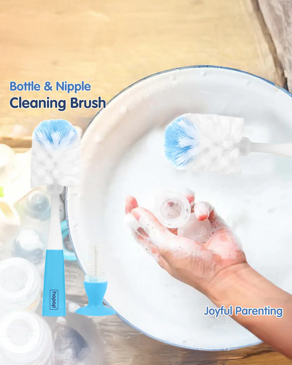 Hopop 2 in 1 Bottle & Nipple Cleaning Brush Set-Grooved Handle With Suction Base-Flexible Bristles-Comfortable Grip-Blue - Image 7