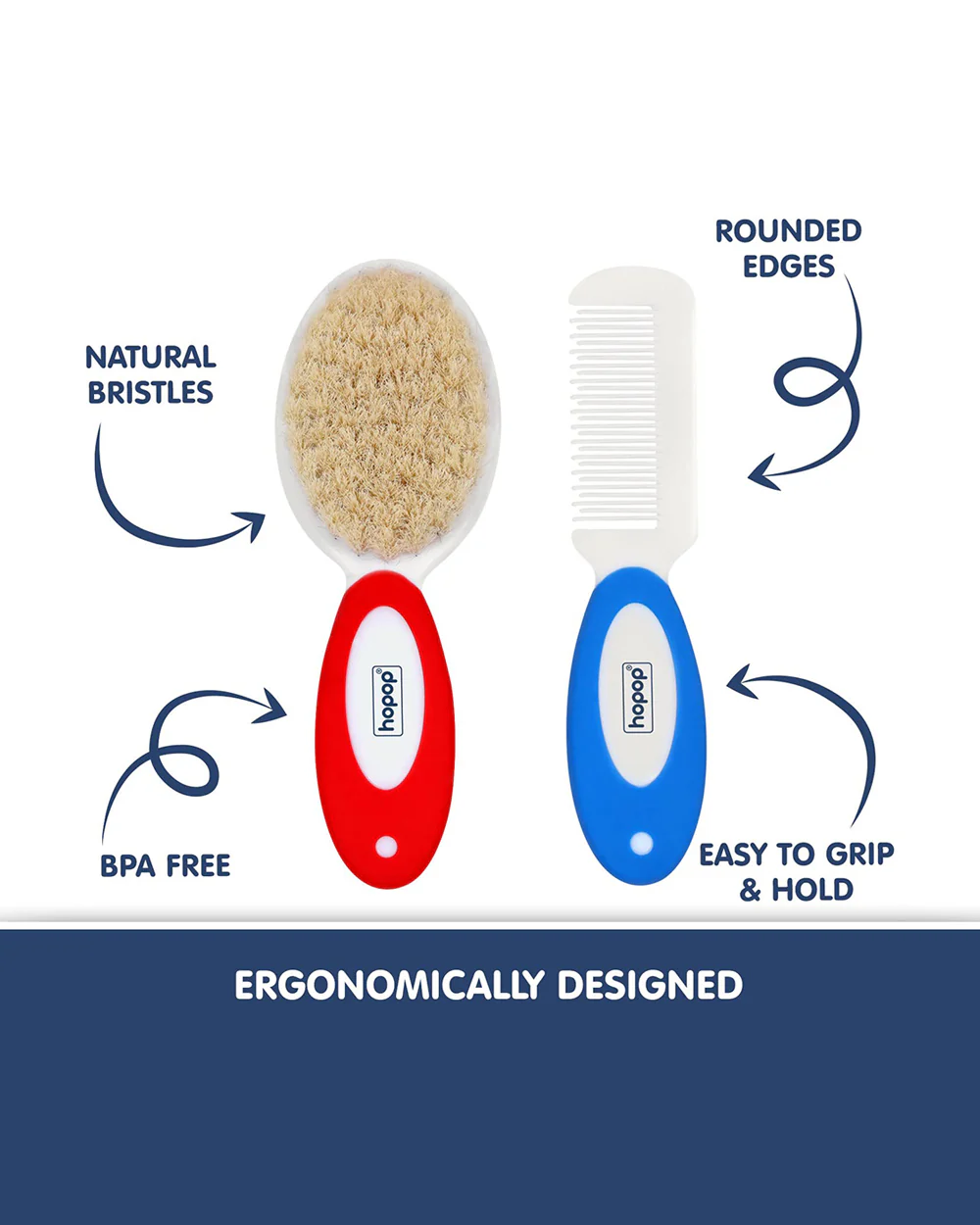 Hopop BPA-Free Baby Hair Brush & Comb Set-Red & Blue - Image 2