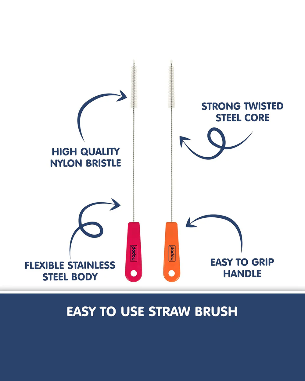 Hopop Easy Straw Cleaning Brush-Stainless Steel-Nylon Bristles-Pack of 2-Pink & Orange - Image 2