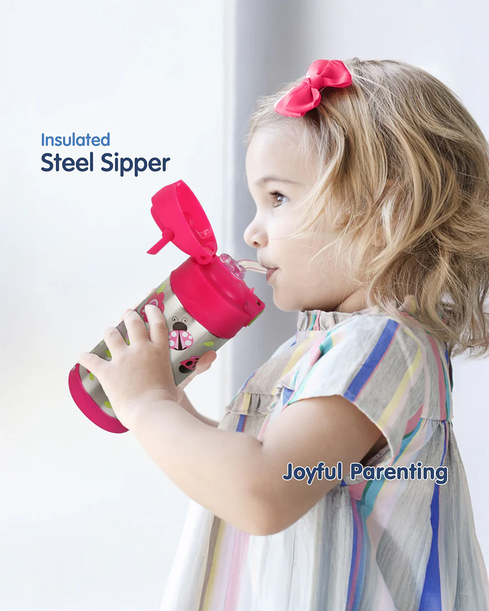 Hopop Insulated Stainless Steel Sipper Water Bottle for Kids-Ladybug Design-300ml - Image 7