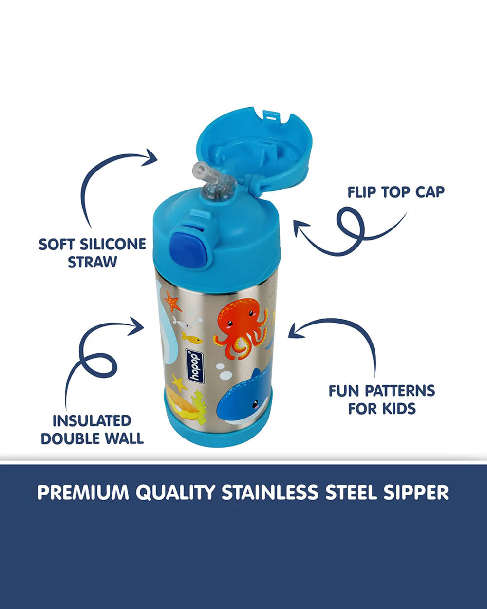 Hopop Insulated Stainless Steel Sipper Water Bottle for Kids-Sea Animals Design-300ml - Image 3