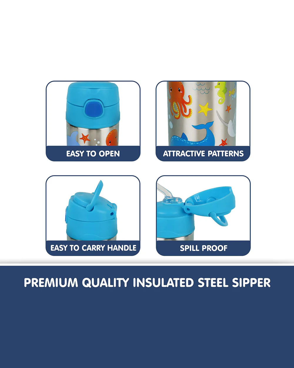 Hopop Insulated Stainless Steel Sipper Water Bottle for Kids-Sea Animals Design-300ml - Image 5