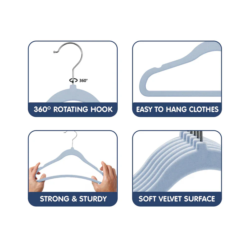 Hopop Non Slip Velvet Baby Cloth Hangers-Helps in Organising Baby Wardrobe-Perfect for Small Garments-Blue - Image 4