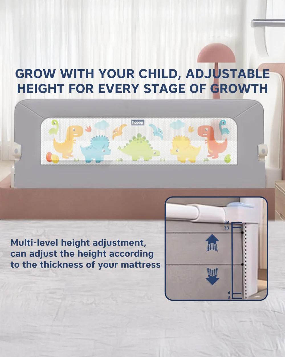 Hopop Secure Sleep Bed Guard Rail-Multi Level Height Adjustments-One Touch Folding Design-5.8ft Length-Grey-For Infants - Image 4
