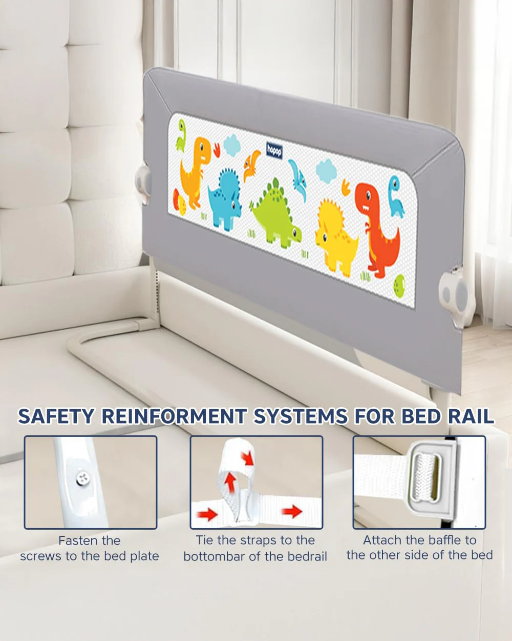 Hopop Secure Sleep Bed Guard Rail-Multi Level Height Adjustments-One Touch Folding Design-5.8ft Length-Grey-For Infants - Image 5