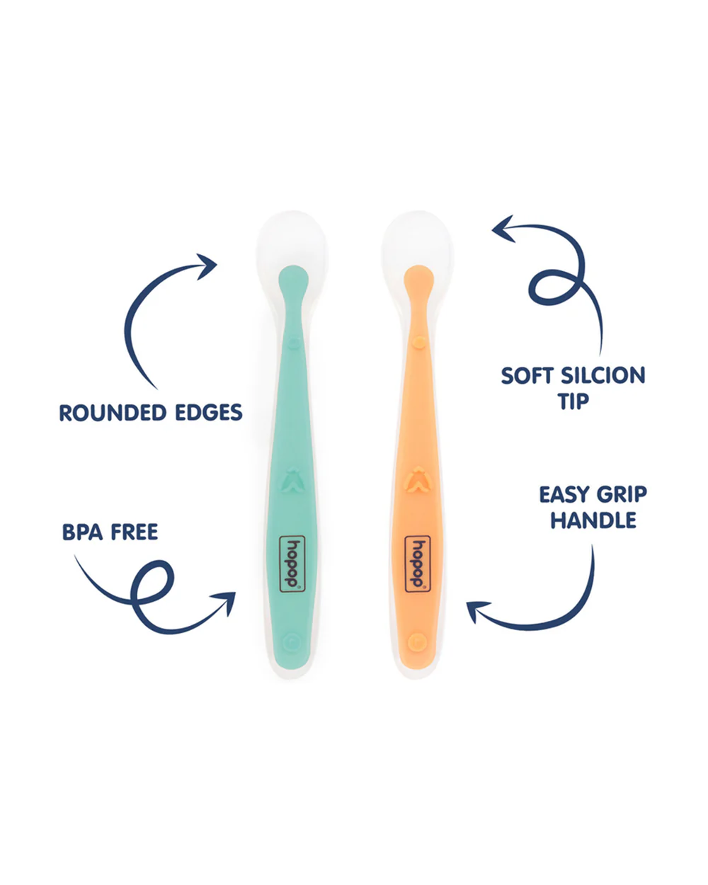 Hopop Soft Tip Silicone Feeding Spoons-Dishwasher Safe-Long Handle-Pack of 2-Green & Orange-For Infants - Image 2