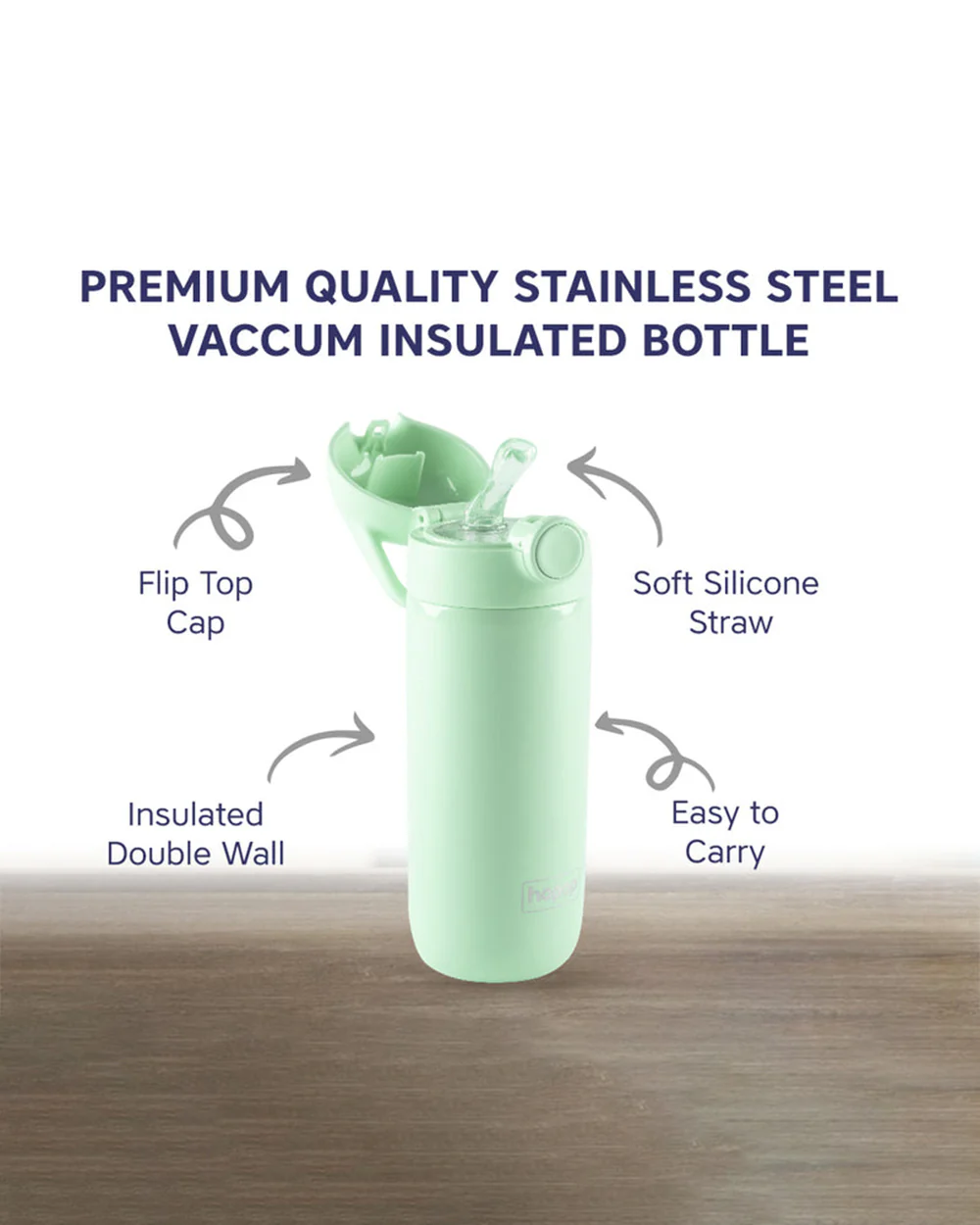 Hopop Stainless Steel Vacuum Bottle-Double Walled Insulation-With Flip Top Cap-380 ml-Green - Image 2