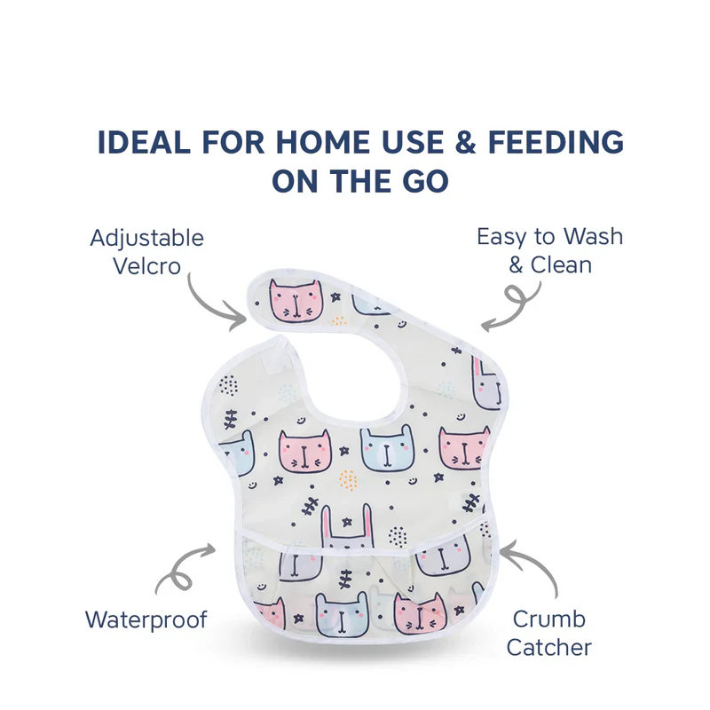 Hopop Waterproof Baby Apron Bib-Cat-With Crumb Catcher-Adjustable Neck Closure-For Infants - Image 2