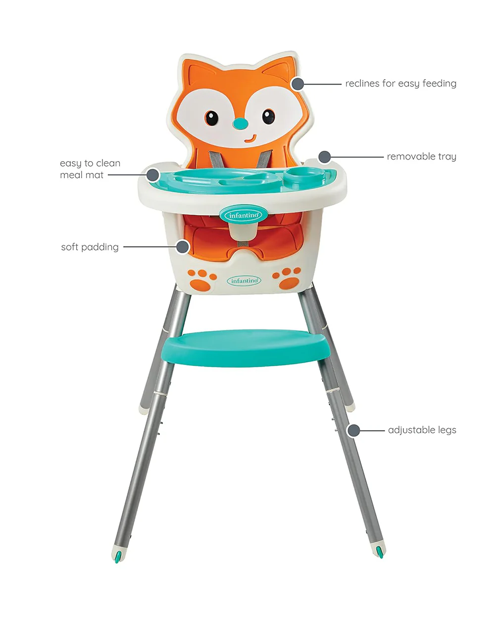 Infantino Grow-With-Me-4-in-1-Convertible Baby High Chair-With Easy To Clean Meal Mat-Removable Child Tray-Reclines For Infant Feeding-For 6 to 36M-Fox - Image 3