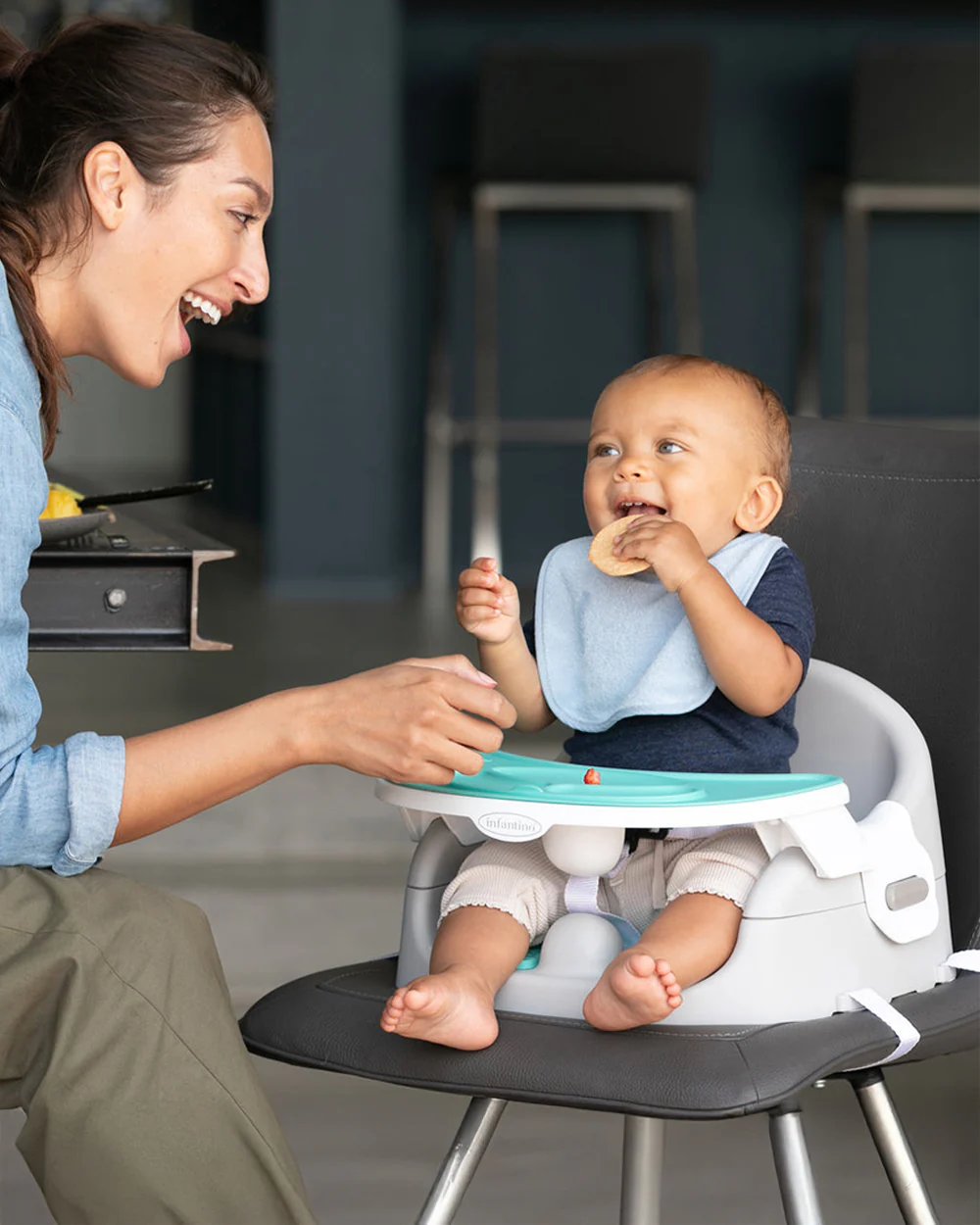 Infantino Grow-With-Me 4-in-1 Booster Seat-Converts Into Infant & Toddler Booster Seat-Two Can Dine-With Dishwasher Safe & Removable Meal Tray-3 Point Harness-For 6 to 36M-Teal & Grey - Image 18